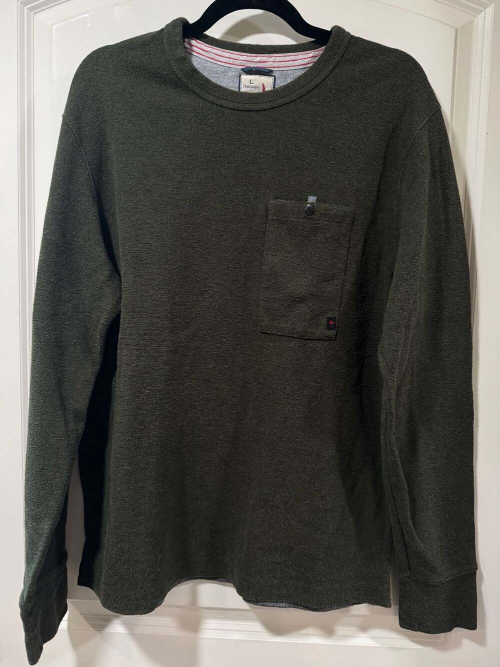 Relwen Pocket Crewneck Sweater Olive Green Heritage Cotton Large